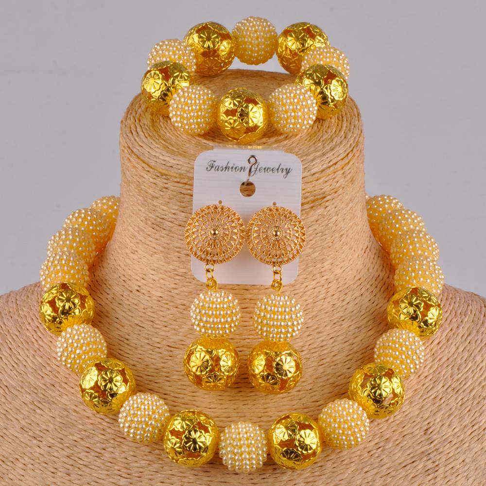 Klassieke nigeriaanse trouwsieraden, afrikaanse bruidsjurkaccessoires, perzikkleurige imitatieparelkettingset (az -77): Champagne