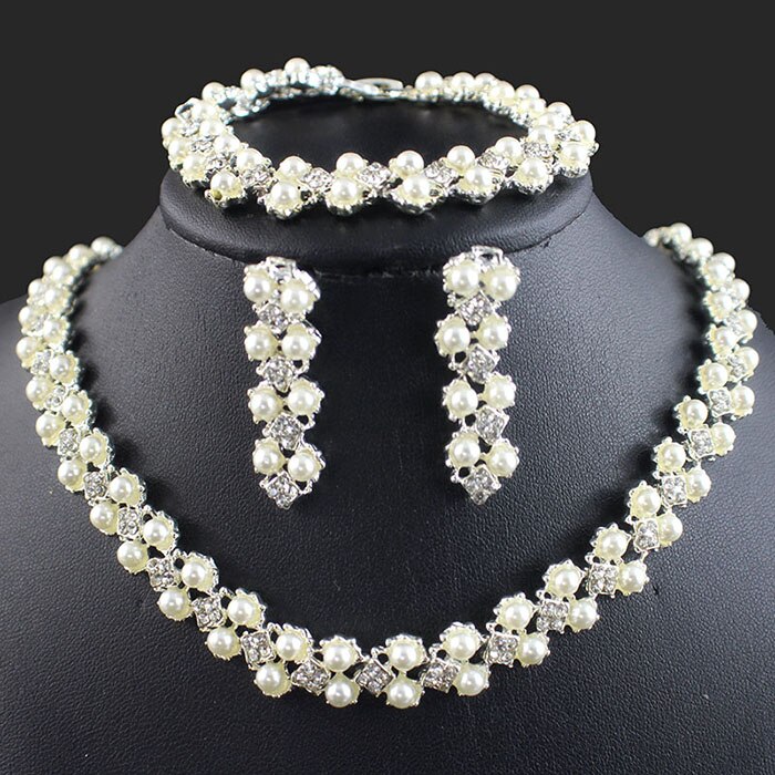 Jiayijiaduo conjunto de jóias simples moda imitação pérola cor prata colar pulseira brinco para acessórios de casamento feminino: Default Title