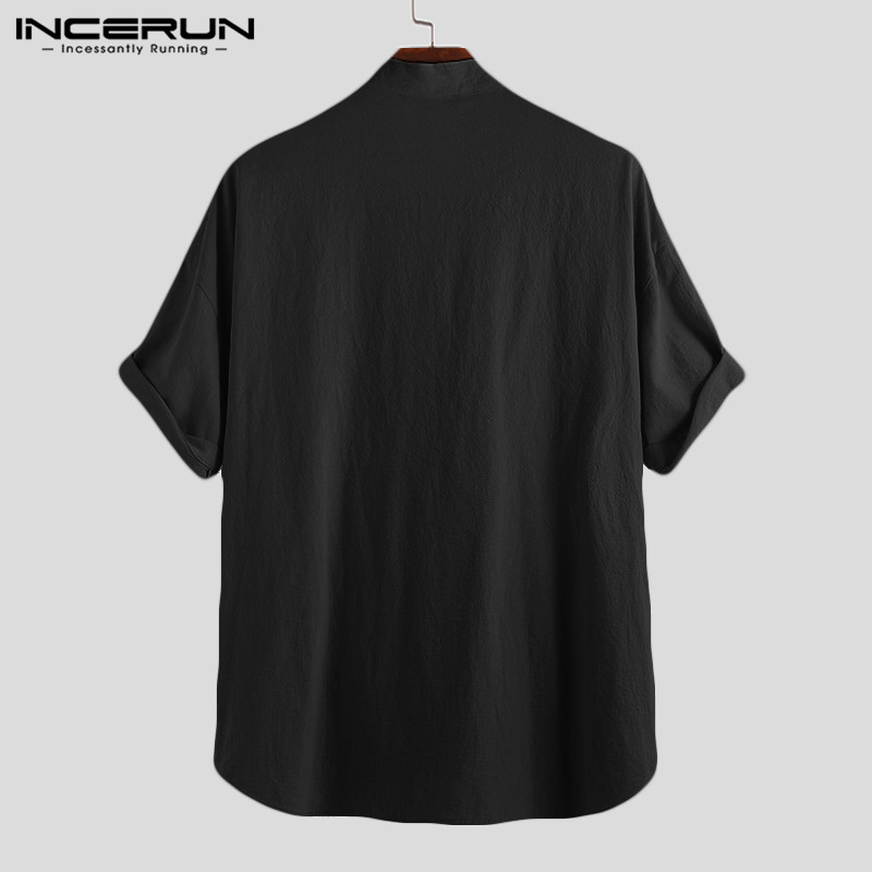INCERUN Style chinois hommes chemise Kimono coton solide Harajuku poches demi manches hauts Streetwear Vintage hommes chemises décontractées