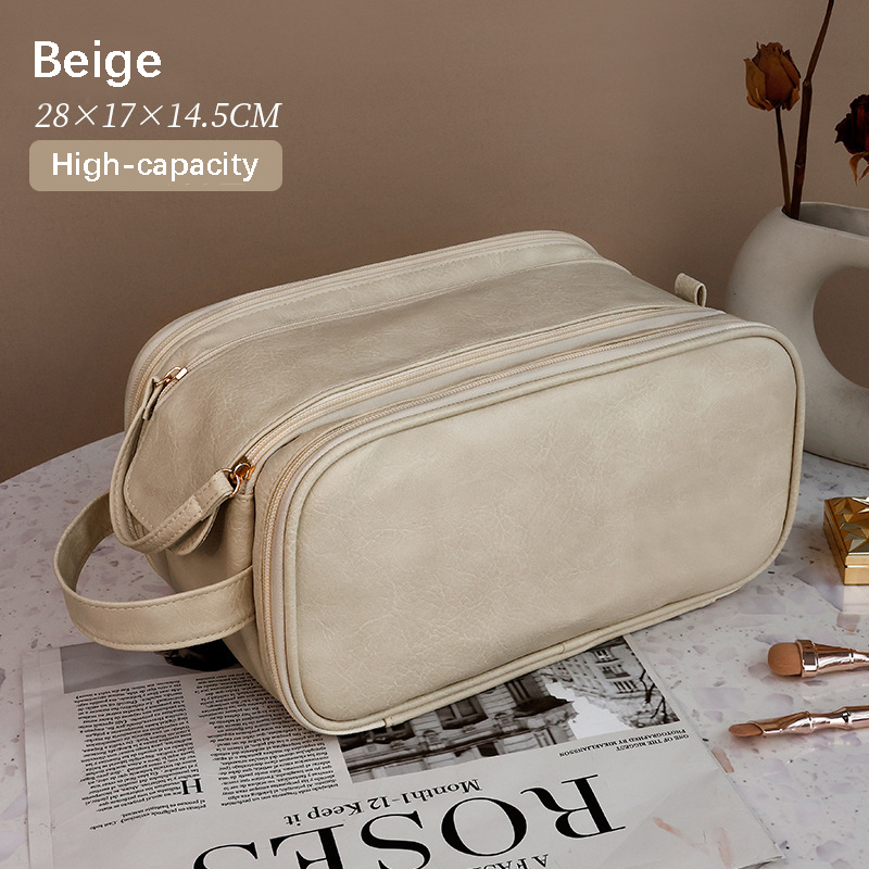 Make-uptasje TPU lederen make-uptas voor dames, grote organisator cosmetische tassen met verdeler Waterbestendige toilettas voor op reis: Ivoor
