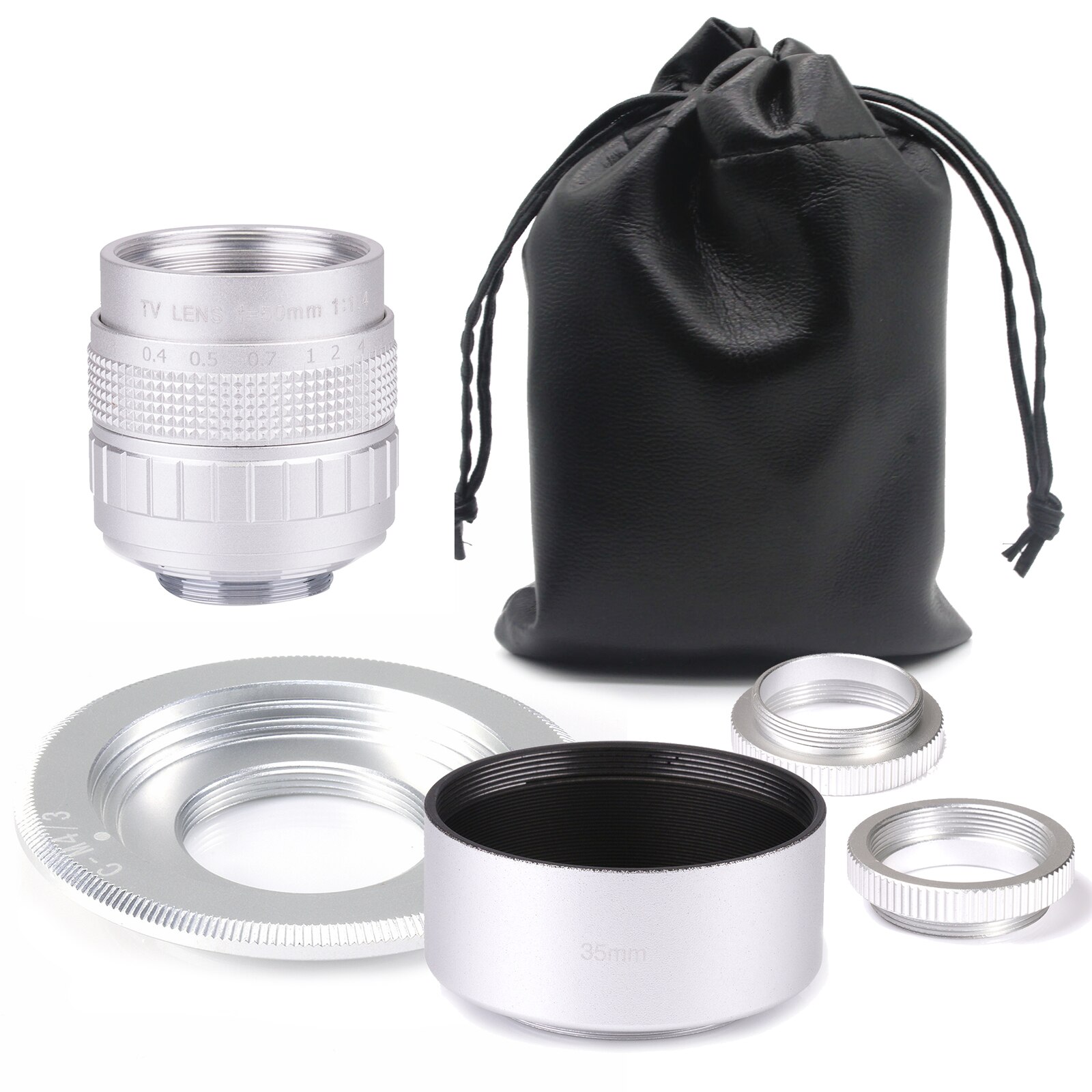 Zilver Fujian 35Mm F/1.7 APS-C Cctv Lens + Adapter Ring + 2 Macro Ring + Zonnekap voor Panasonic/Olympus M4/3 Mirroless Camera