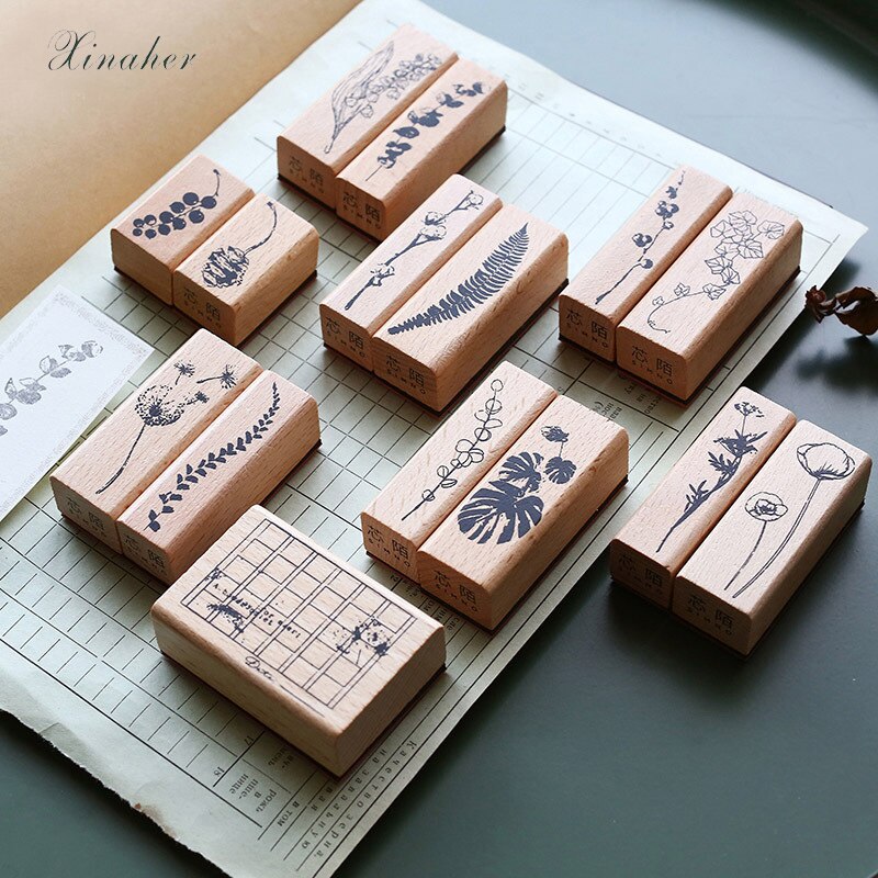 1-2 unidades por juego, sellos de goma madera con decoración de hojas Vintage para plantas, papelería de scrapbooking, sello estándar para manualidades DIY