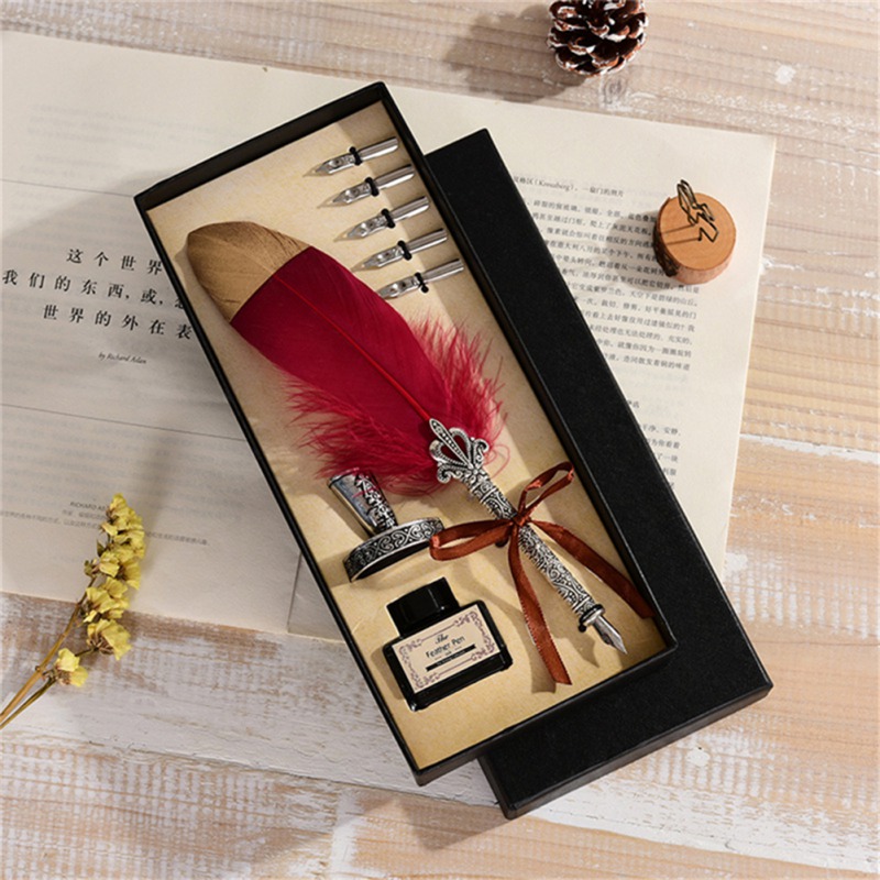 Vintage 1Set Kalligrafie Veer Dip met 5 Nib Quill Pen Schrijven Inkt Set Geschenkdoos Bruiloft Fontein pen: JR