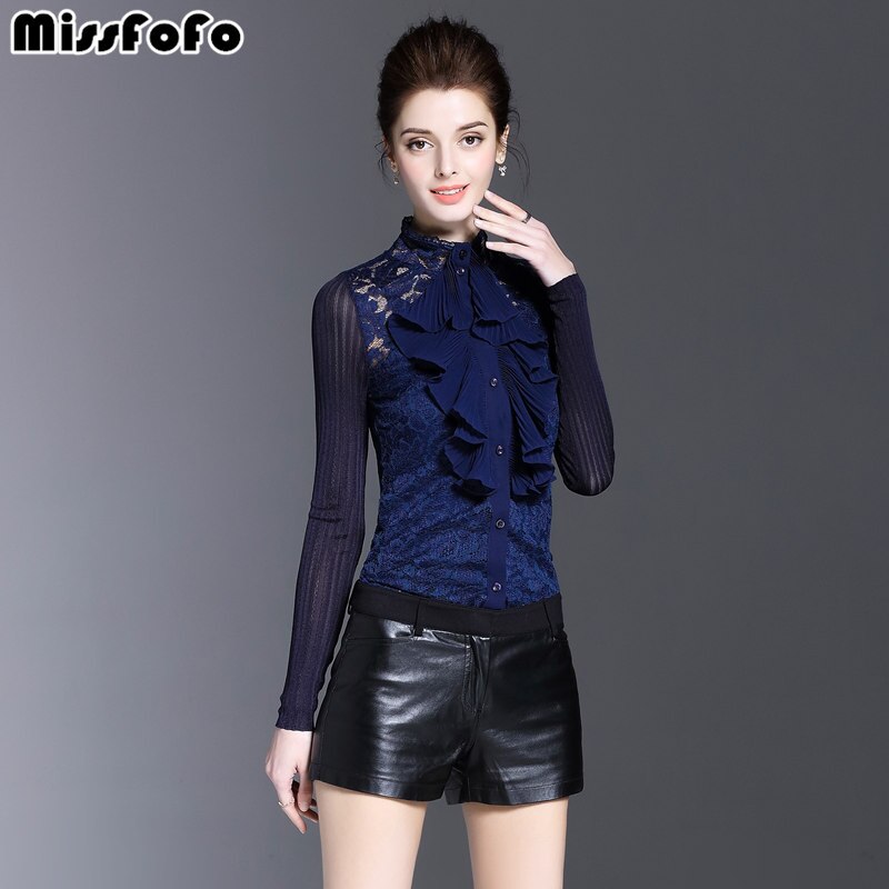 MissFoFo Autumn Blouse Royal Lotus Lace Collar Chiffon Shirt Female Long Sleeve Spring Shirt Blue Size S-2XL: XL