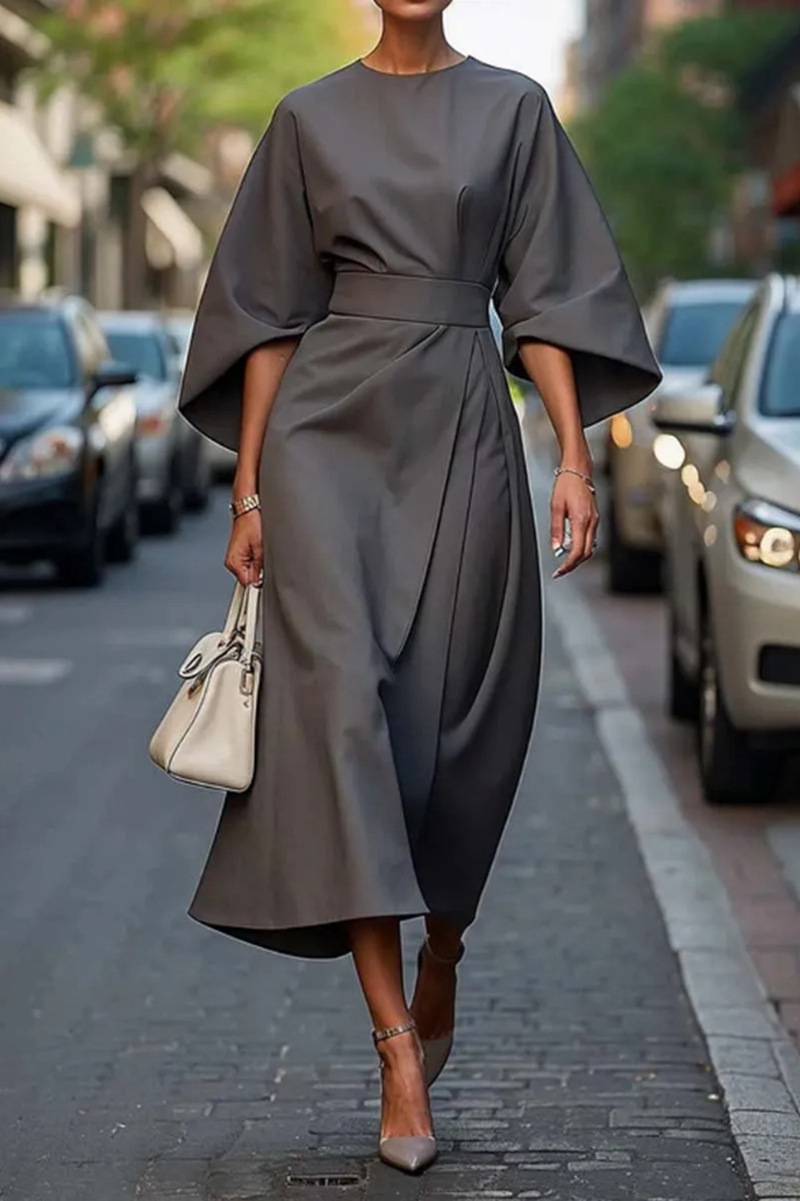 Oansatz Sieben-viertel Hülse Taille Jahrgang Kleid Für Frauen Elegante Einfarbig Temperament Fledermaus Hülse lässig Kleid weibliche: XXL / Grau