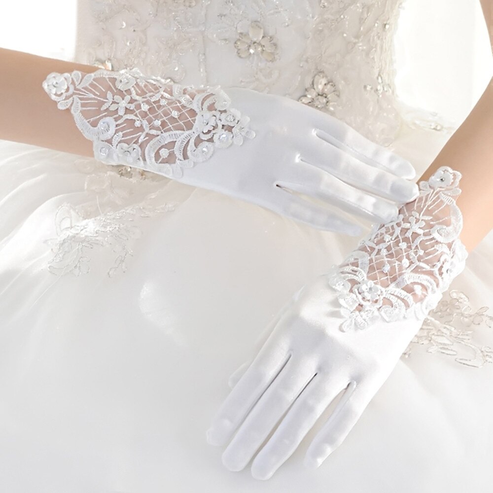 YUNUO In Stock Satin Finger Bride Gloves Women Wedding Accessories Hollow Lace Short Wedding Gloves