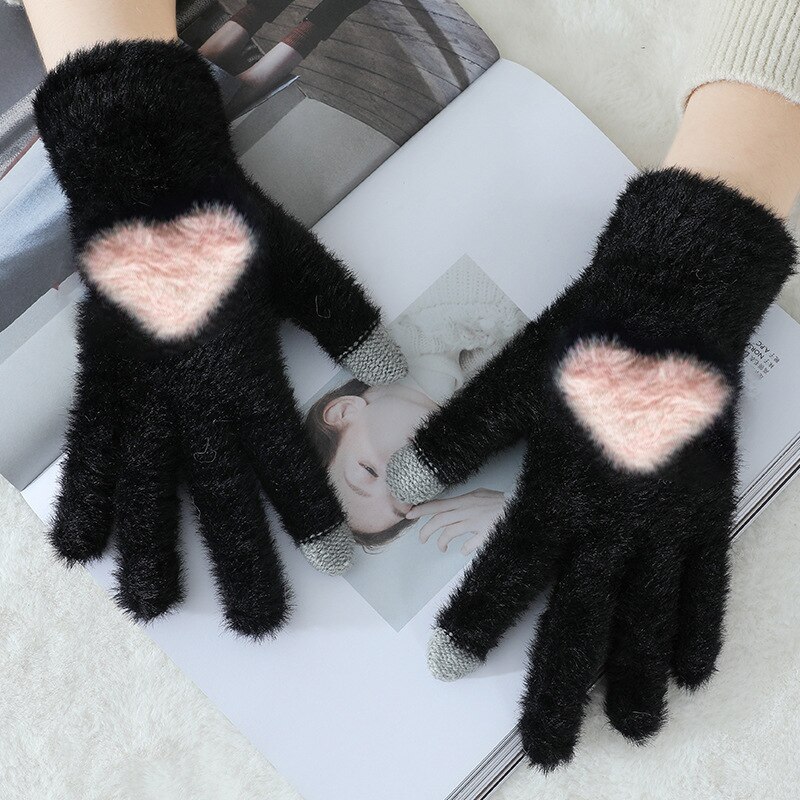 Children Winter Gloves Warm Solid Color Plush Love Thick Gloves Can Touch The Screen Soft Warm Mittens