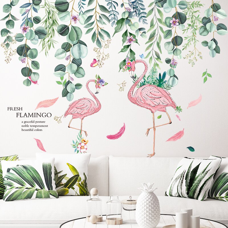 [shijuekongjian] Romantic Flamingo Wall Stickers DIY Cartoon Animals Wall Decals for House Kids Rooms Baby Bedroom Decoration: flamingo and leaves3