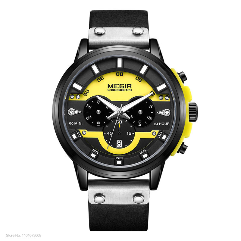 MEGIR 24 Stunden Chronograph Quarz Uhren Wasserdicht Casual Leder Armbanduhr für Mann Leuchtende Hände Sport Uhr 2080 Gelb: Kaffee