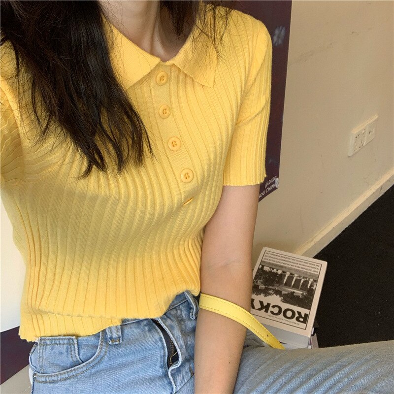 Women Polo Shirt Knit Women Shirts Ribbed Polo Shirt: Yellow