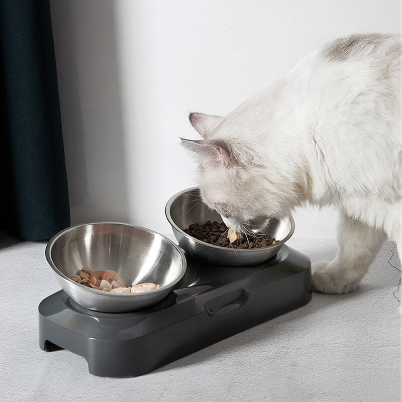 Rustfrit stål petkit dobbelte skåle frisk nano 15 ° justerbar kattefoder til kæledyr til fodring af kæledyr