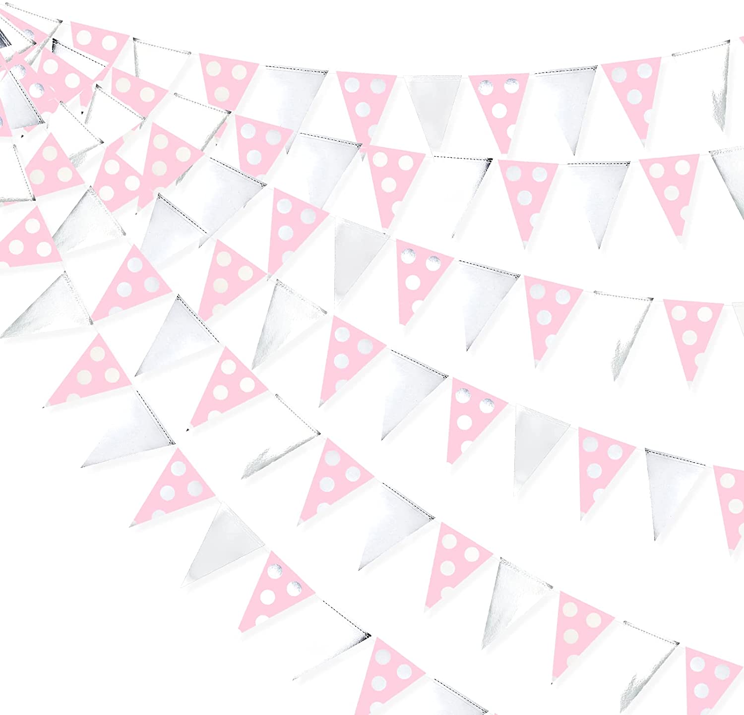 Pink Silver Girls Girls Birthday Banner Party Decoration Polka Dot Pennant Triangle Flags Garlands for Baby Shower Bridal Shower