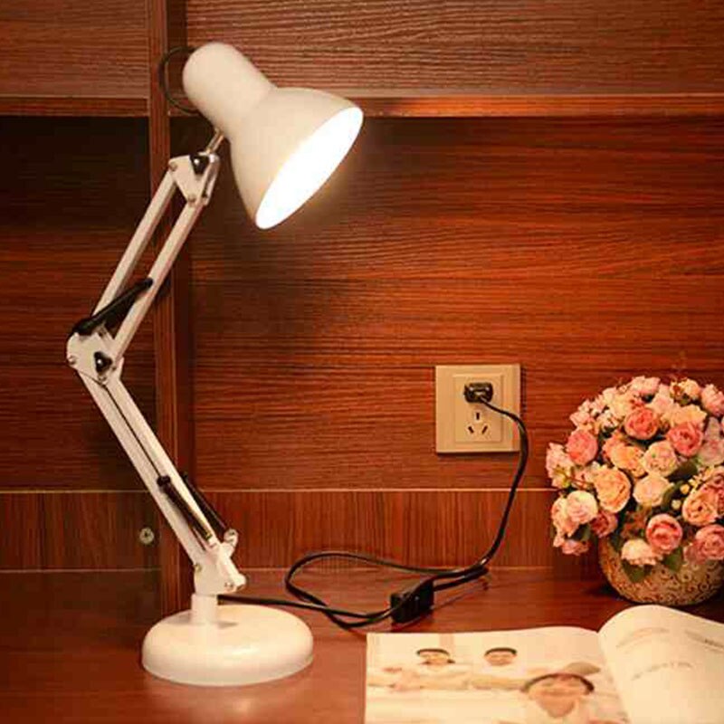 Moderne Led Lange Swing Arm Verstelbare Classic Bureaulampen E27 Clip Tafellamp Voor Studie Office Reading Nachtlampje Nachtkastje bedroo: WHITE