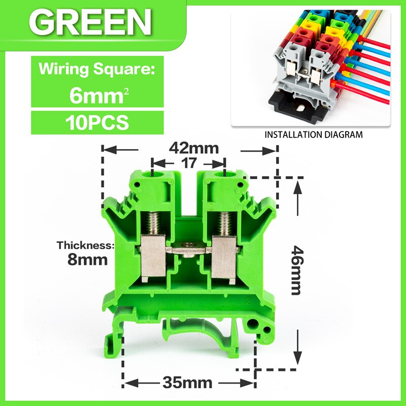 10Pcs Din Rail Terminal Block UK-6N Connductor Universal Class Screw Wire Connector Strips Disassemble assembly: Green-10PCS