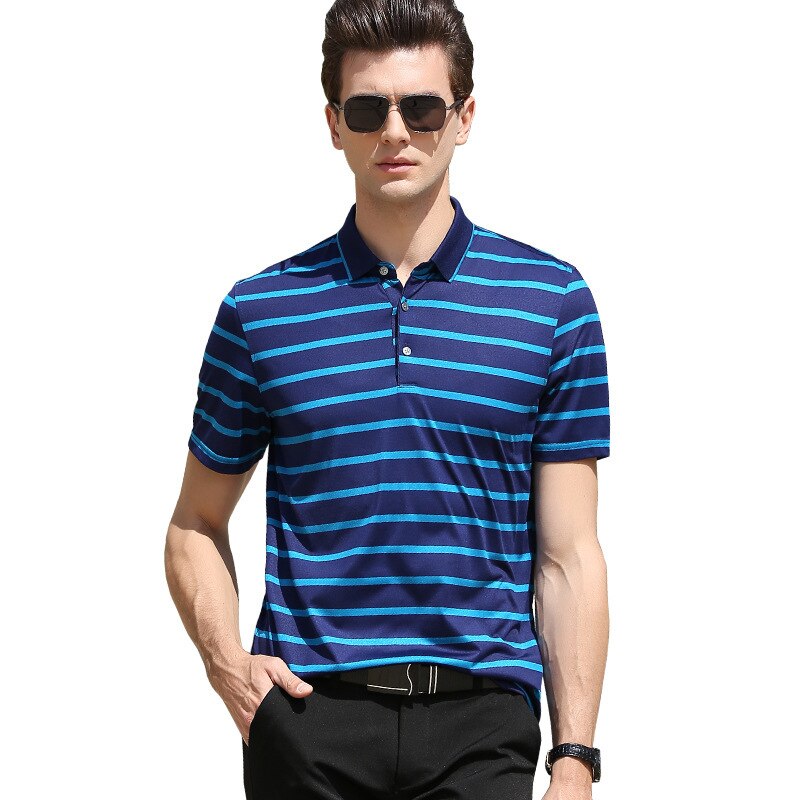 Sommer mulberry silke mænd poloshirts, herre business stribet mandlige kortærmede polo shirt