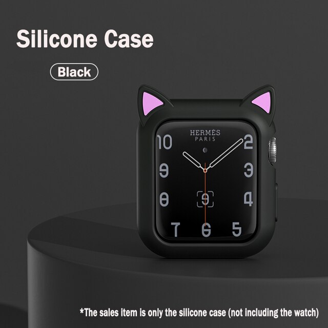 Watch Protection Cover For iWatch Series 3 2 42mm 38mm Soft Silicone Cartoon Cat Ears Case For Apple Watch 4 5 6 Se 40mm 44mm: black / For iwatch 42mm 44mm