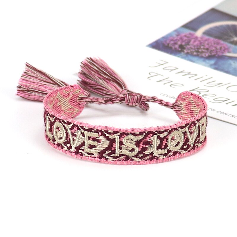 Love Printed Rope Bracelet For Women Men VIntage Braided Tassel Bracelet Ethnic Lace-up Couple Bracelets Jewelry: Love is love-pink