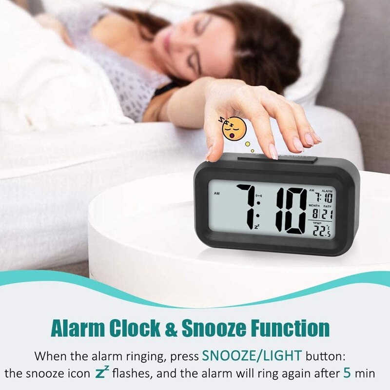 LED Display Digital Alarm Clock Snooze Battery Clock with Date Calendar Temperature for Bedroom Home Office Travel
