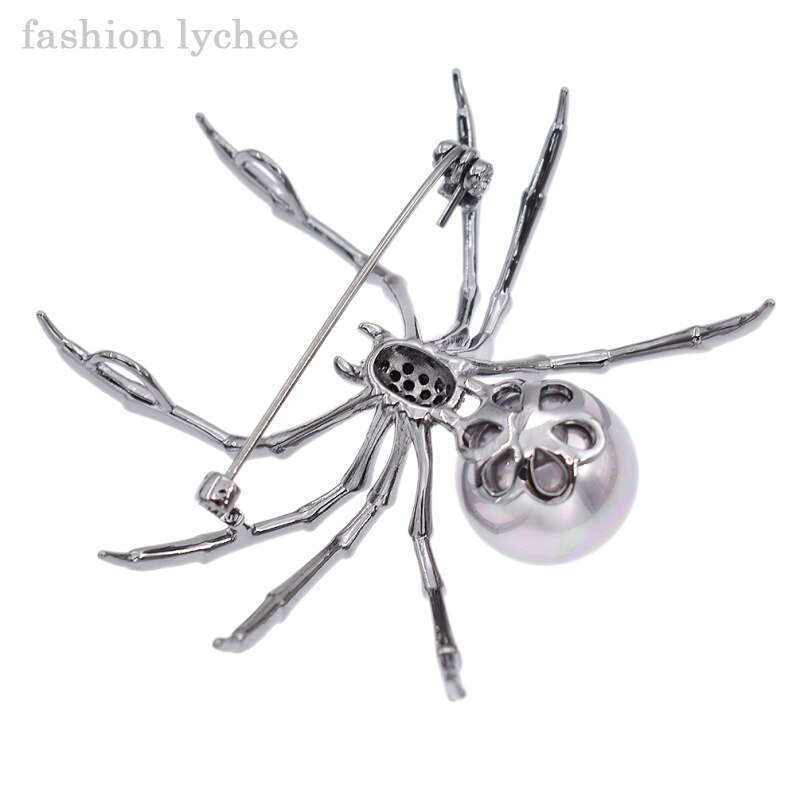 lychee exagerados antiguos broches de Color plata Pins perlas artificiales cuerpo pavimentar la cabeza araña mujeres Pins