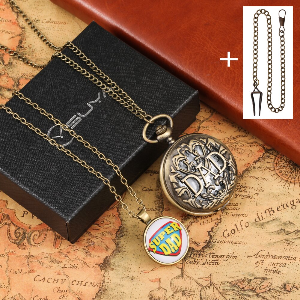 Vaders Dag Quartz Zakhorloge Hollow Gesneden Dad Zakhorloge Retro Creatieve Hanger Klok Ketting Ketting Super Dad