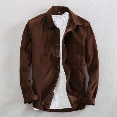 Mænd forår og efterår mærke i japansk stil vintage ensfarvet fløjlsskjorte herre afslappet tynde bomulds skjorter med lange ærmer: Brun / Asiatisk størrelse xxxl