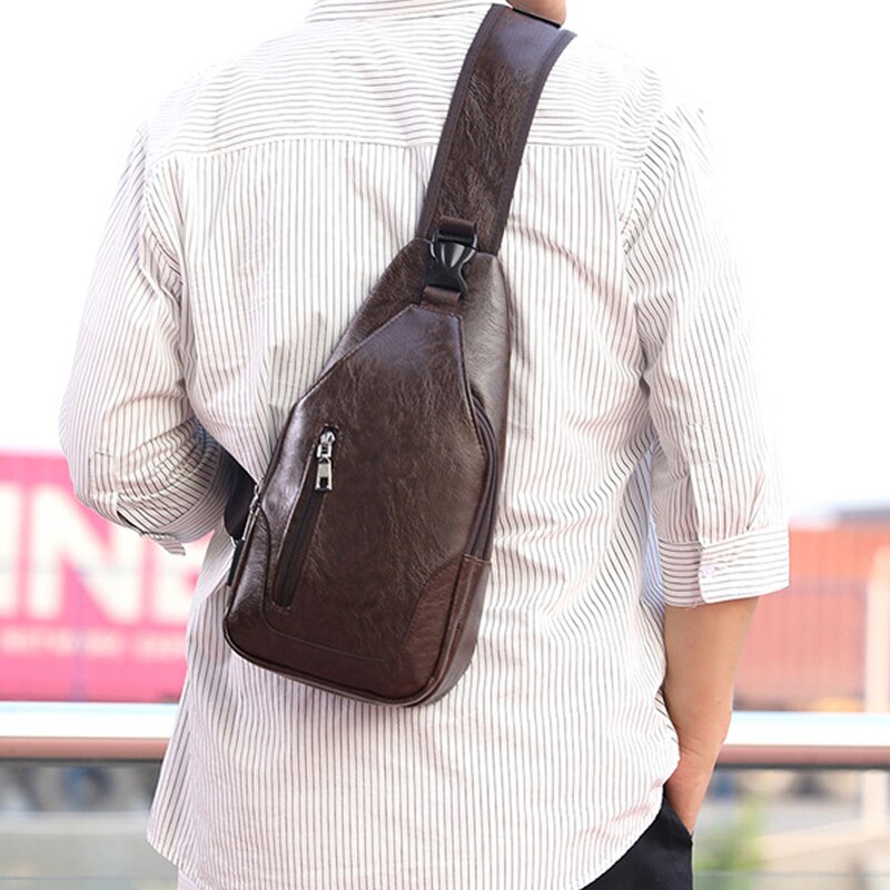 Waterproof PU Leather Chest Bag - USB Charging Port & Headphone Hole - Portable Travel Crossbody