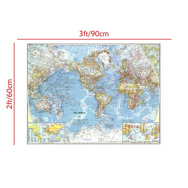 World Wall Map Poster 90*60cm Home Decoration Wall Physical Map of The World Atlases 1960 for Culture and Travel Supplies