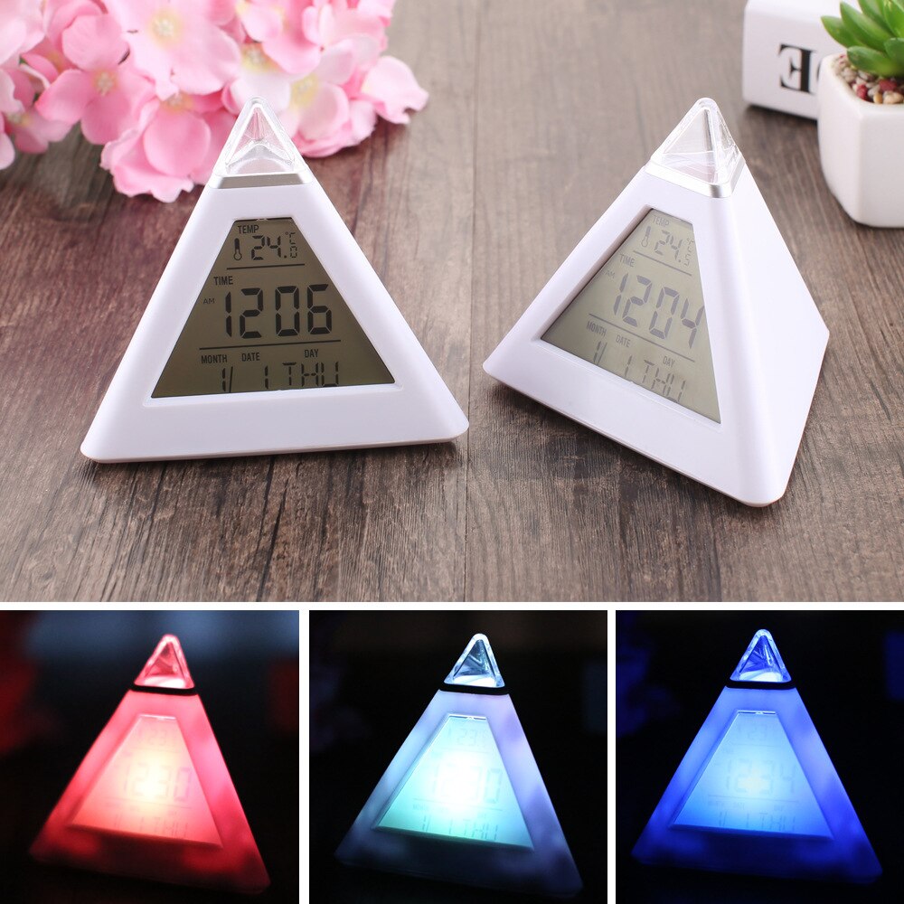 Lcd Wekker Nachtlampje Thermometer Digitale Wandklok Verwisselbare 7 Kleuren Kleurrijke Piramide Led Klok Home Decor Accessorier