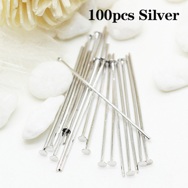 Alfiler de cabeza plana de acero inoxidable, accesorios para fabricación de joyas, lámpara, cuentas, DIY, 40mm, 100 unids/lote: 100pcs Silver