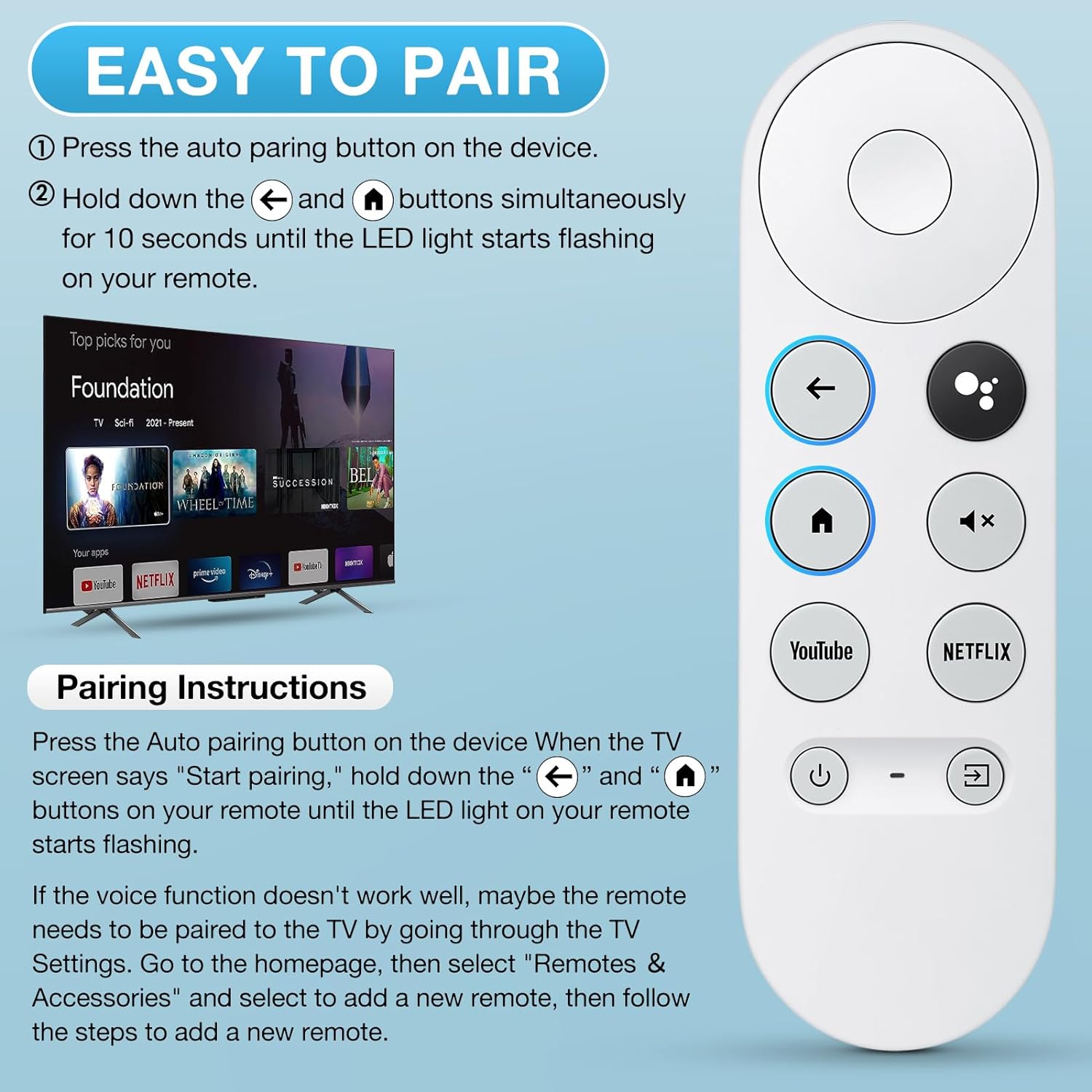Télécommande vocale compatible avec Google Dnomecast 4k Snow G9N9N/GA01409-US/GA01919-US/GA01920-US/revenu 01923/revenu 02463/revenu 02464