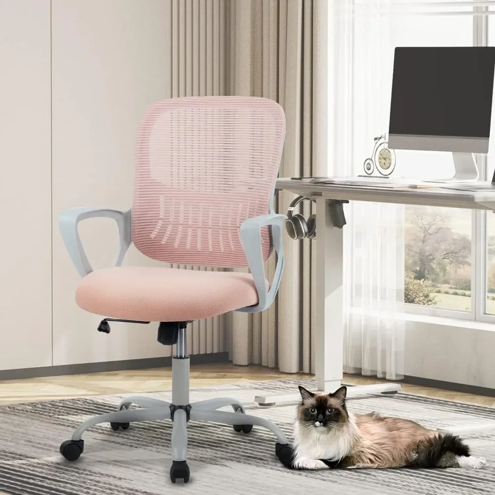 Kontorstol, ergonomiske kontorstole med midterryg i net, drejelige skrivebordsstole med hjul, komfortabel lændestøtte, pink