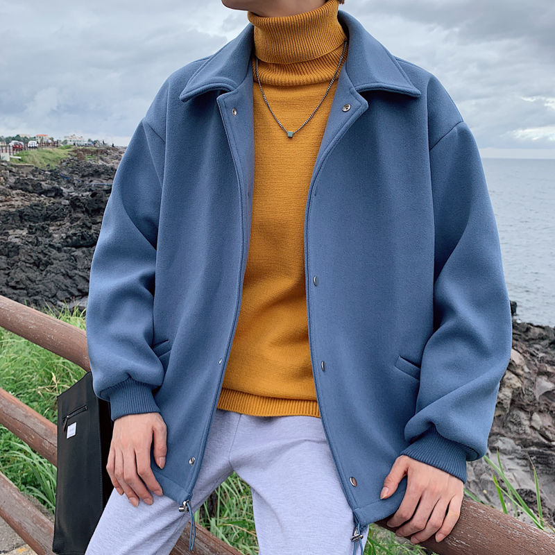 Vinter kort yllerock herr slimmade enfärgade casual yllejackor herr streetwear vild koreansk stil yllerock herr