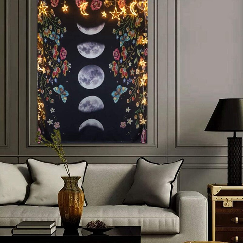 Moonlit Garden Tapestry Moon Phase Floral Tapestry... – Grandado