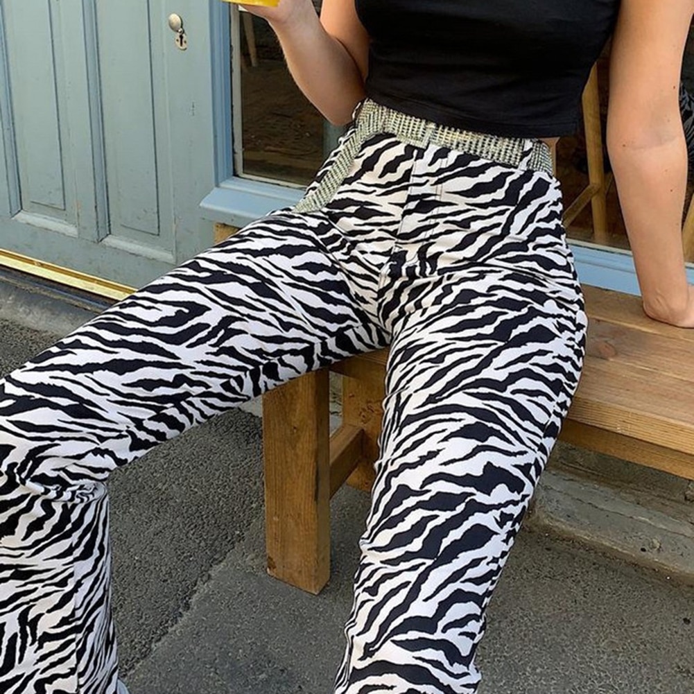 Zebrastribede joggers streetwear lige bukser kvinder højtaljede bukser plus size harajuku korea bukser med brede ben femme