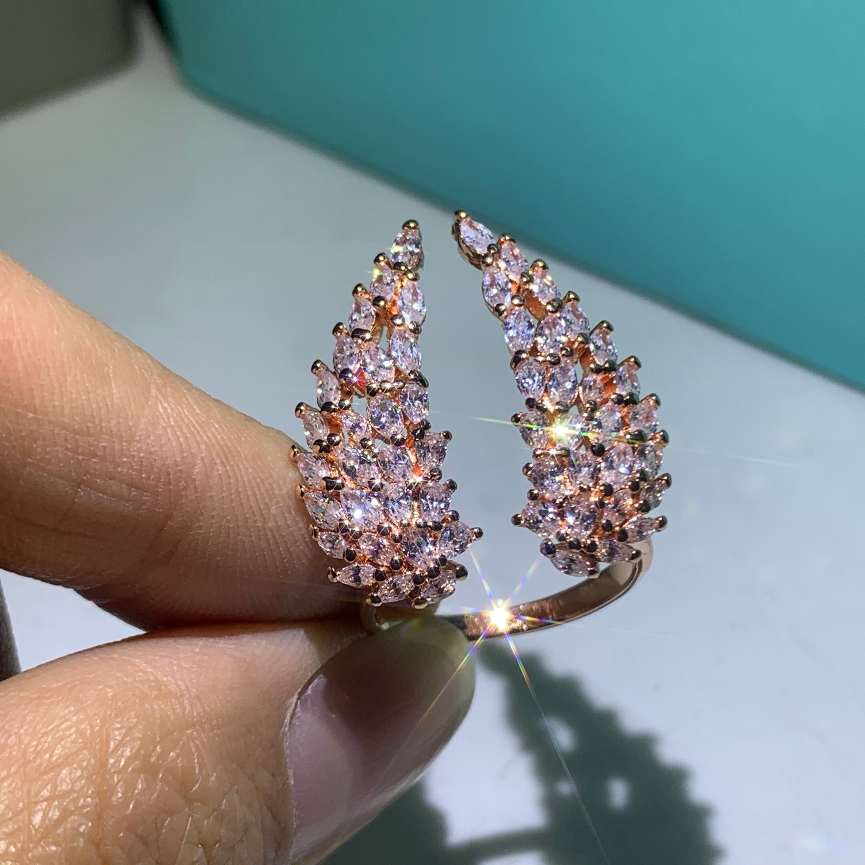 Asas de anjo artesanal anel de diamante jóias 100% real 925 prata esterlina noivado casamento anéis de banda para festa de jóias femininas: Rose Gold