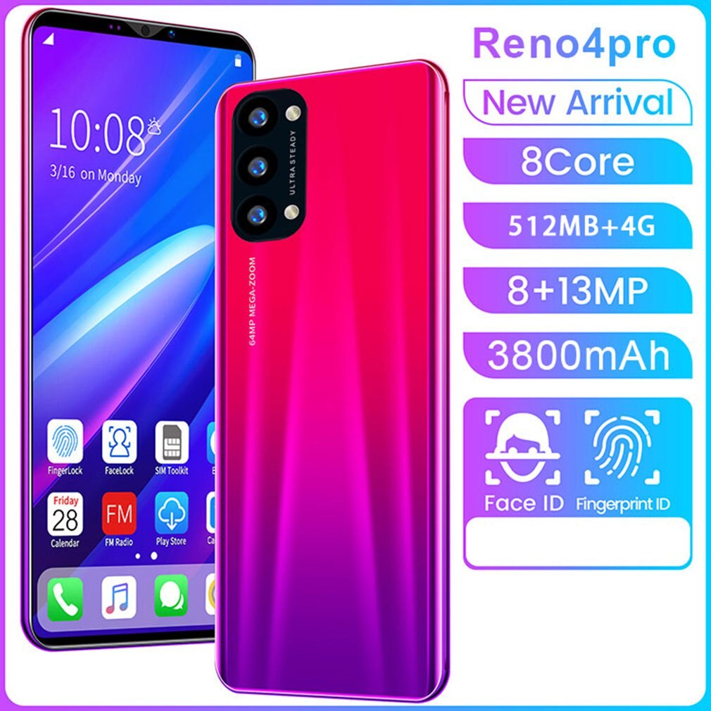 Reno4 Pro Smartphone 5.8 pouces Smartphone 512M + 4G 3D verre plaqué couverture arrière haute définition caméra arrière: US red