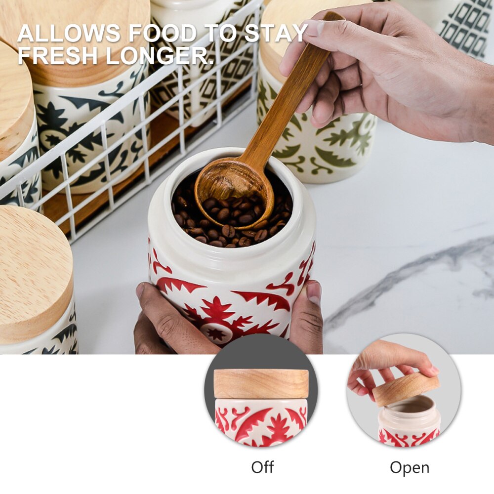 Ceramic Grain Canister Food Kitchen Sealed Storage Container Empty Storage Jar Dried Fruit Jar with Wooden Lid (Red)