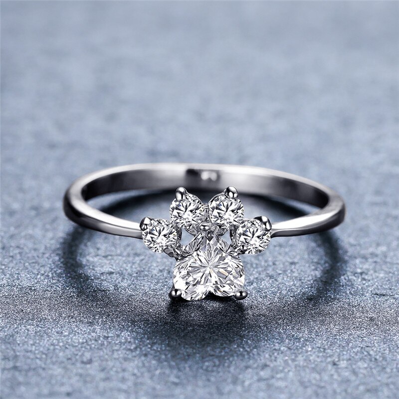 Sød kat pote hund klo ring hvid zirkon hjerte sten ringe til kvinder bryllup smykker vintage sølv farve dyre fodspor ring: 9