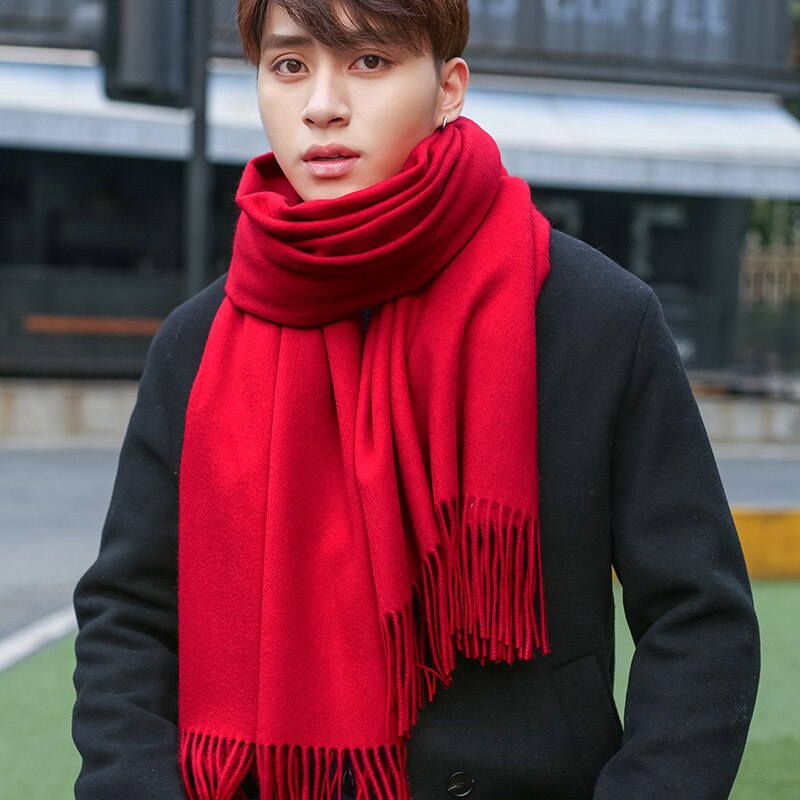 100% Wool Scarf Men Purple Echarpe Luxury Brand Bufanda Hombre Winter Cashmere Scarf Male Warm Solid Pashmina Shawls: Red