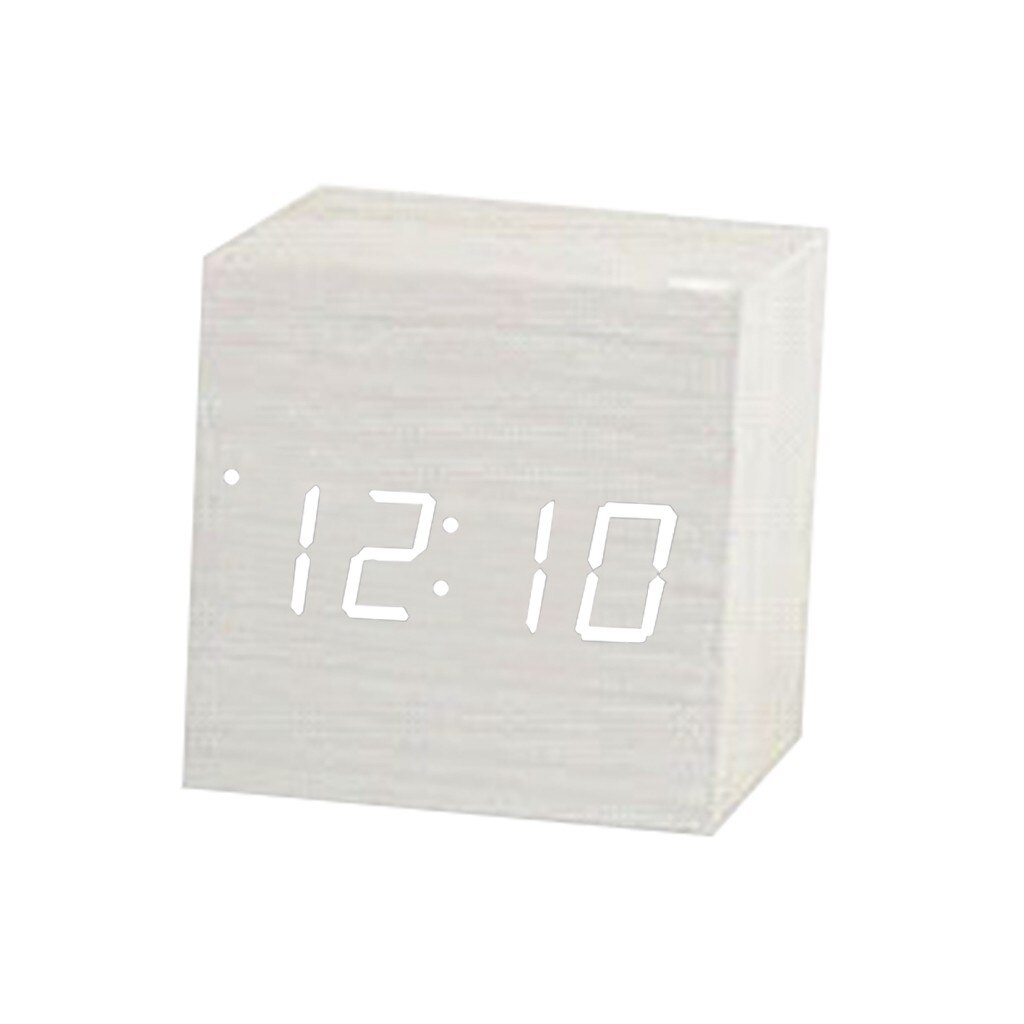 Voice Control Led Clock Luminous Square Wooden Clock Wooden Alarm Clock Silent Temperature Alarm White/Black/Brown: White