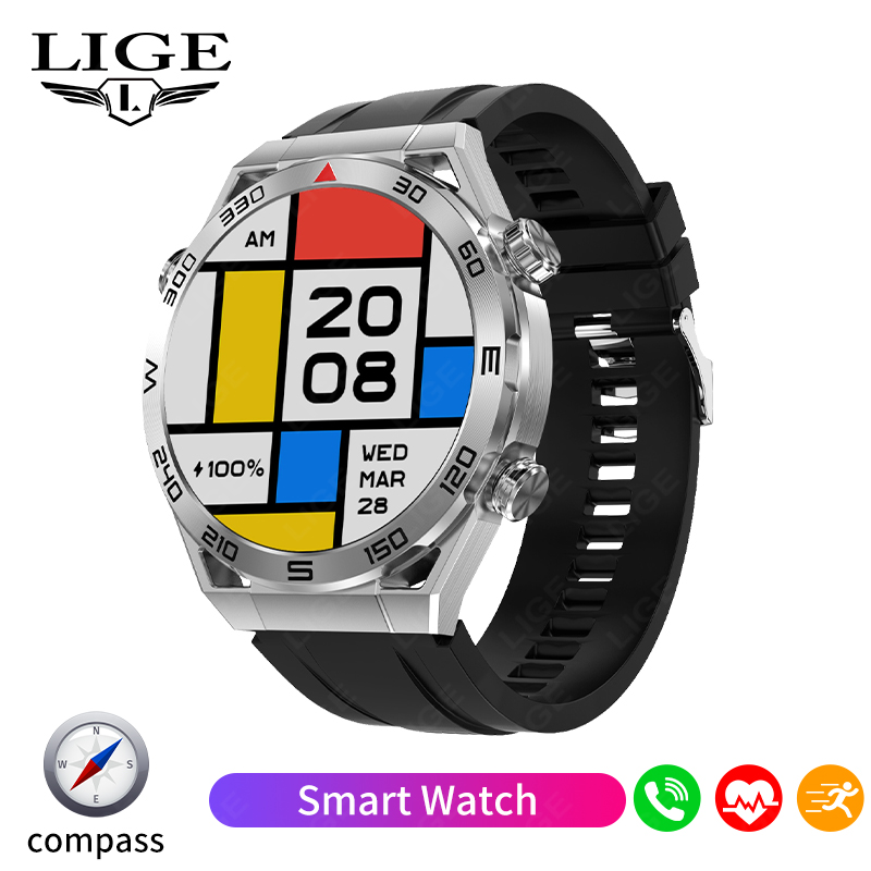 LIGE Nuovo GPS sport accorto guarda Bracciale fitness Promemoria chiamate Frequenza cardiaca IP68 Smartwatch impermeabile per uomo Orologi androide IOS: nero