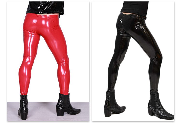 Mand lavtaljet imiteret læder pu skinnende punk pencil bukser imiteret latex elastisk stramme bukser highlight legging ankellange bukser