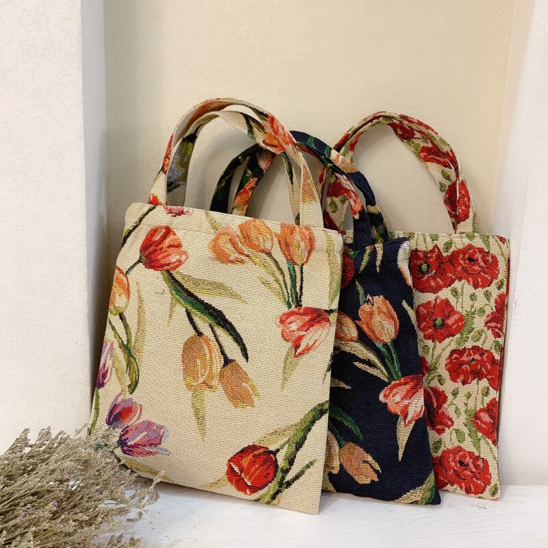 Retro Olieverf Kleuraanpassing Tulp Jacquard Carry Lunch Zak Om Werk Kleine Doek Hand Vrouwen Schouder