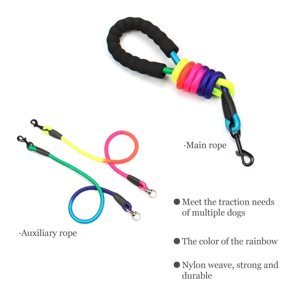 Rainbow Multi Honden Leash Nylon Afneembare Huisdier Lood Foam Handvat 1 Leash Voor 2 Of 3 Of 4 Honden ronde Trekkabel Hond Levert