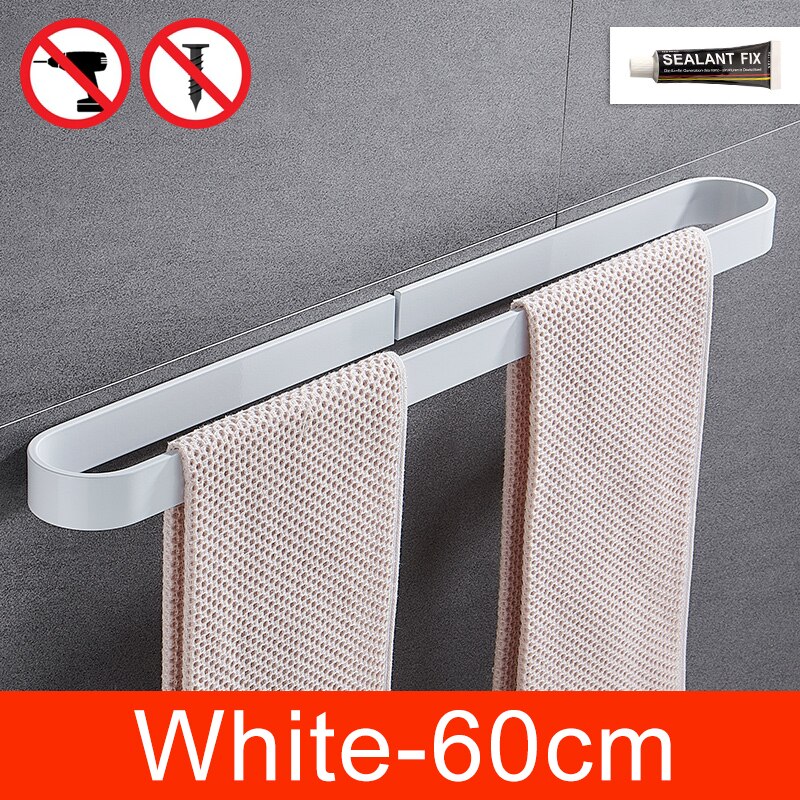 Self-adhesive Black Bath Towel Holder Bathroom Towel Rack No Punch Towel Rail Rack Towel Holder Bath Storage Shelf ML65B: White-60cm