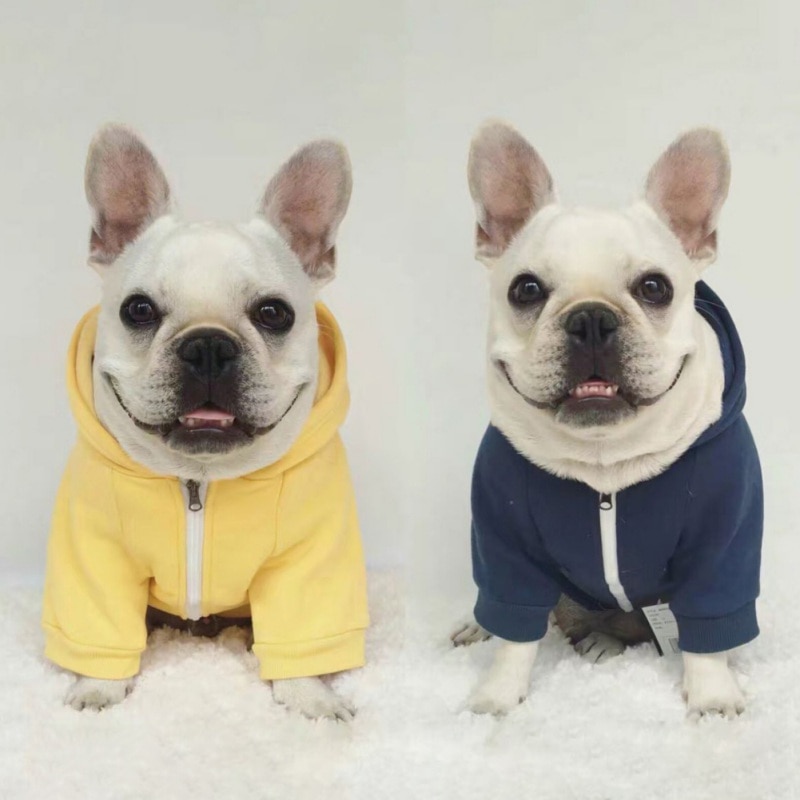 Enfärgad hund dragkedja tröja kappa mörkblå gul sällskapsdjur hund kläder huvtröja mjuk bomull hund kläder små stora storlekar blixtlås rock