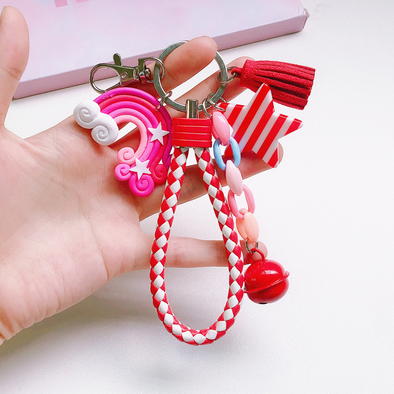 Porte-clés arc-en-ciel mignon, bracelet en cuir, corde tressée, pompon, pour femmes et filles, cloche étoile, sucette, accessoires de sac,: J-Brun