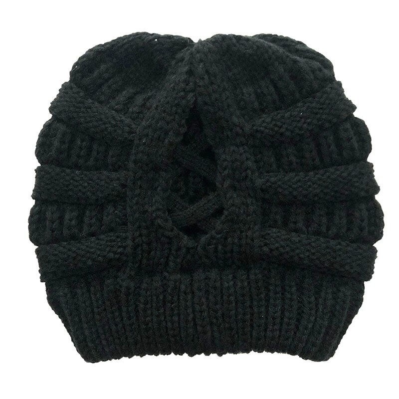 Volwassen Vrouwen Hoeden Wollen Gebreide Muts Herfst Winter Warm Skullcap Vrouwelijke Cross Paardenstaart Cap Skullies Mutsen: JY082-black