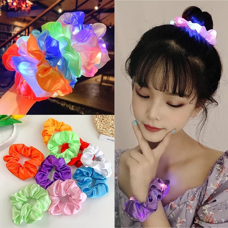 1pc LED Luminous Women Girls Hair Rope Flashing Ponytail Holder Light Up Elastic Hair Bands Hair Accessories Glow Party Supplies