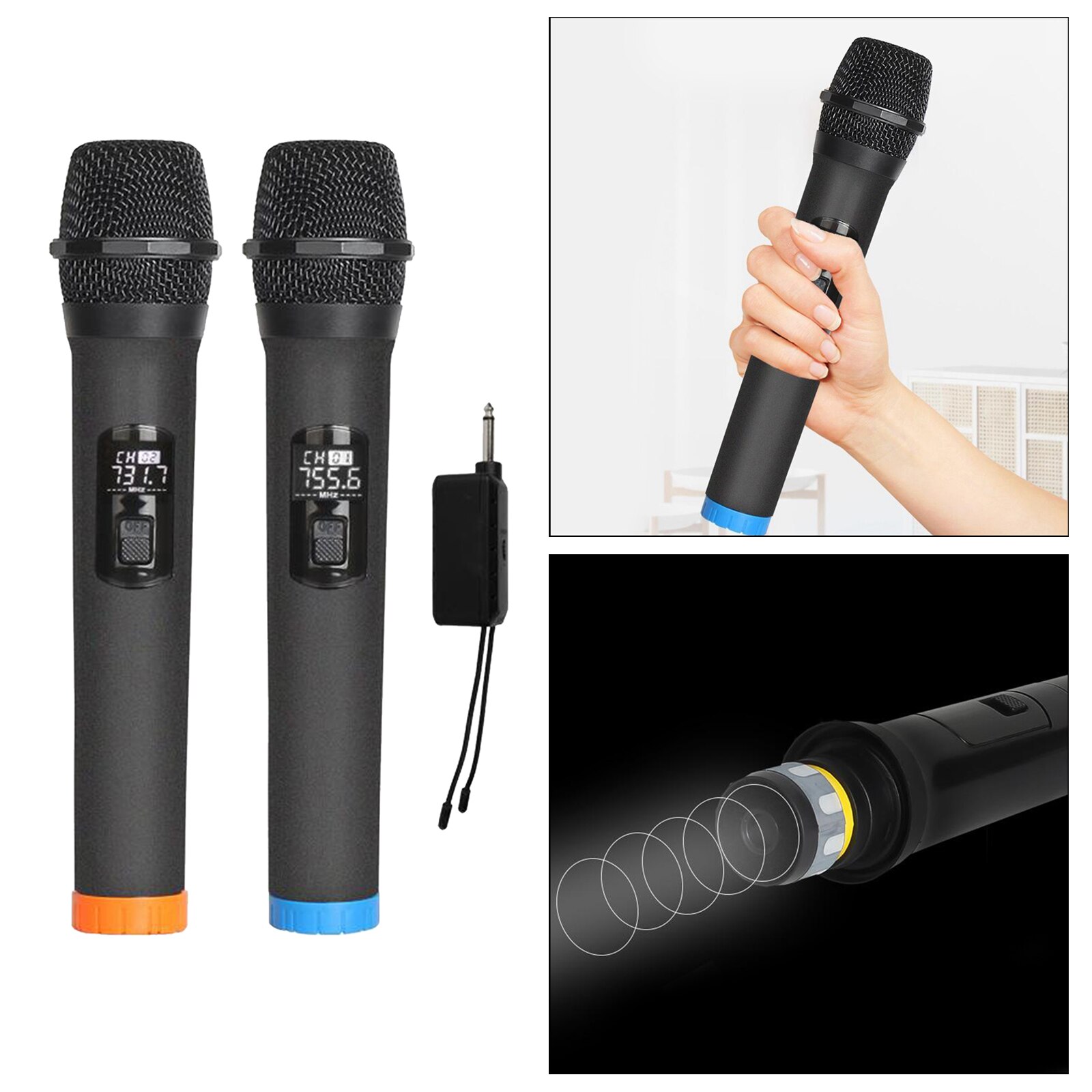 Wireless 2x Microphone with Display, Black Dual VHF Cordless Mic Handheld